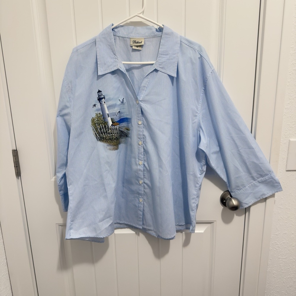 Distinct Women's White Blue Stripe Button Up Blouse Lighthouse Graphic Size 1X